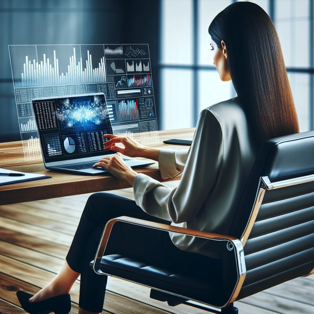 AI image of woman sitting in front of laptop displaying accounting software with additional larger projection of accounting software floating in the air behind it on the desk.