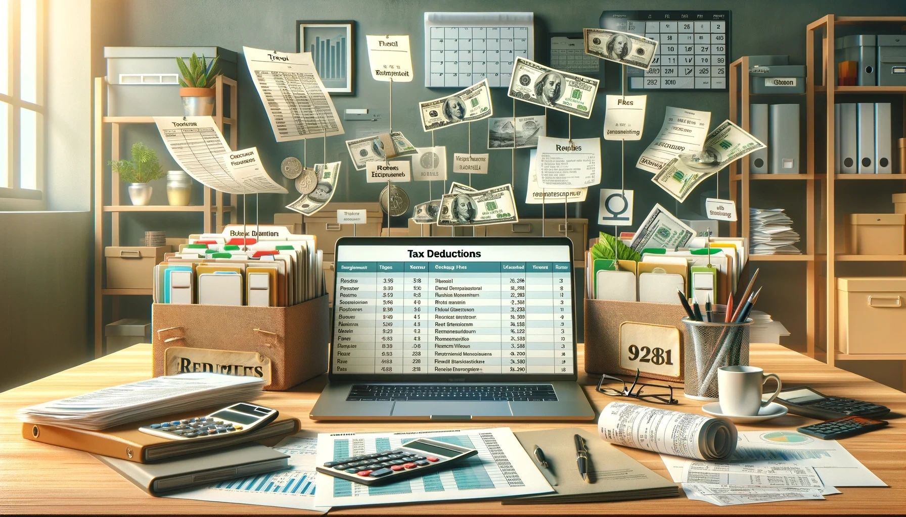 A realistic image showing a desk cluttered with financial documents, receipts, and a laptop displaying a tax deduction spreadsheet. The background features organized shelves with folders, plants, and a wall calendar. Dollar bills and receipts are floating around, illustrating various expenses like travel and office supplies. The scene emphasizes the importance of meticulous record-keeping for effective tax deductions.