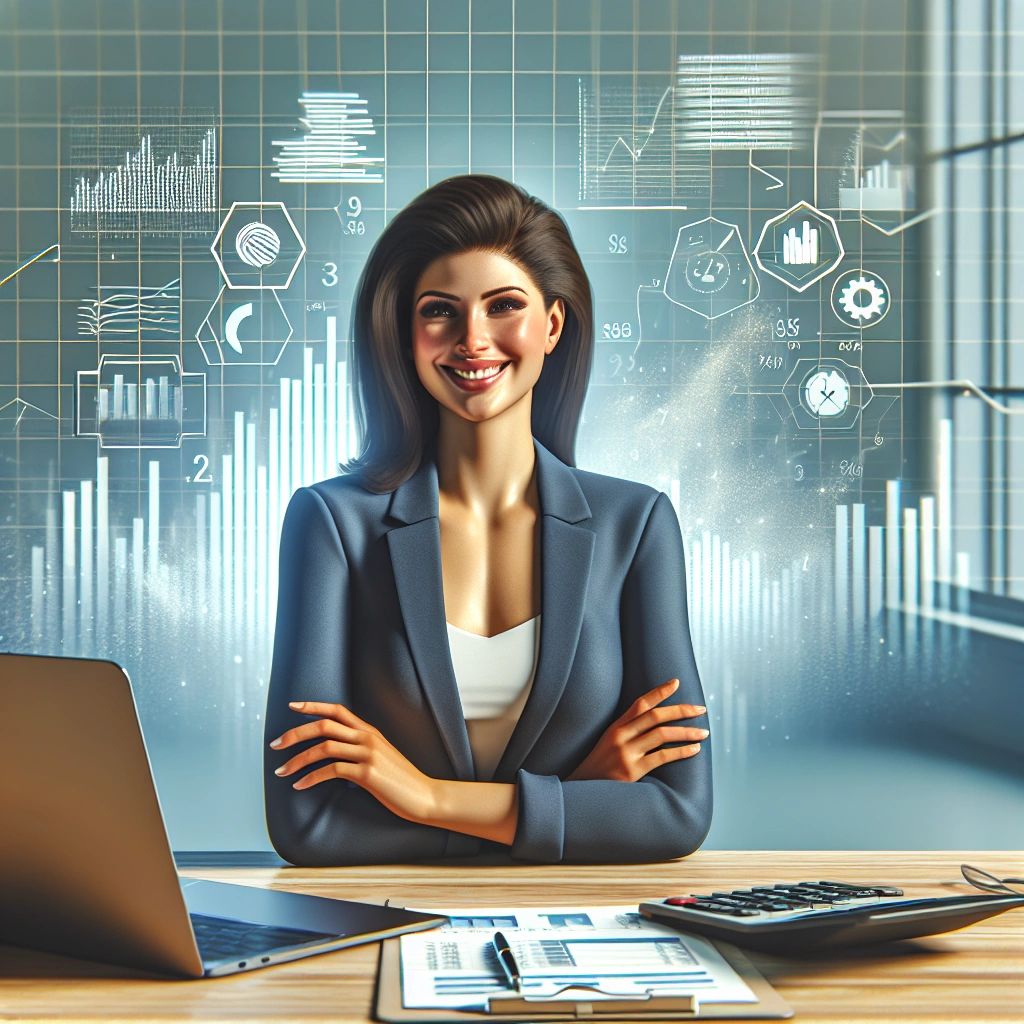 A confident businesswoman in a blue blazer sits at a desk with a laptop, clipboard, and calculator. She is smiling, arms crossed, with a background displaying various financial graphs and charts. The scene exudes professionalism and competence in financial management and analysis.