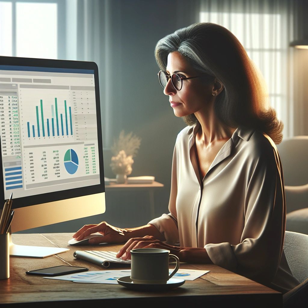 In the image, a professional woman is working diligently at a computer, which displays various charts and graphs. The setting appears to be a home office or a quiet workspace, with soft lighting creating a focused atmosphere. She has gray hair, wears glasses, and is dressed in a light-colored blouse, embodying a sense of concentration and professionalism. A cup of coffee and some documents are placed on the desk, adding to the workspace's organized and productive feel.