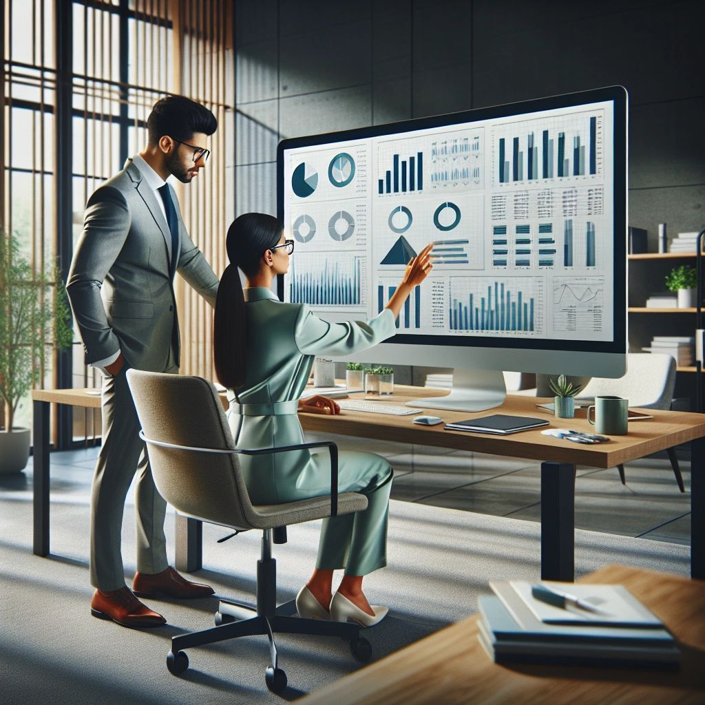 In a modern, well-lit office, a professional woman sits at a desk working on a large digital screen filled with various charts and graphs. She is pointing at the screen, discussing data with a male colleague standing beside her. Both are dressed in business attire, indicating a formal work environment. The charts on the screen display a range of data visualizations, including bar graphs, pie charts, and line graphs, suggesting an analysis or presentation setting. The office features contemporary furniture, a potted plant, and shelves in the background, creating a sleek and organized workspace.
