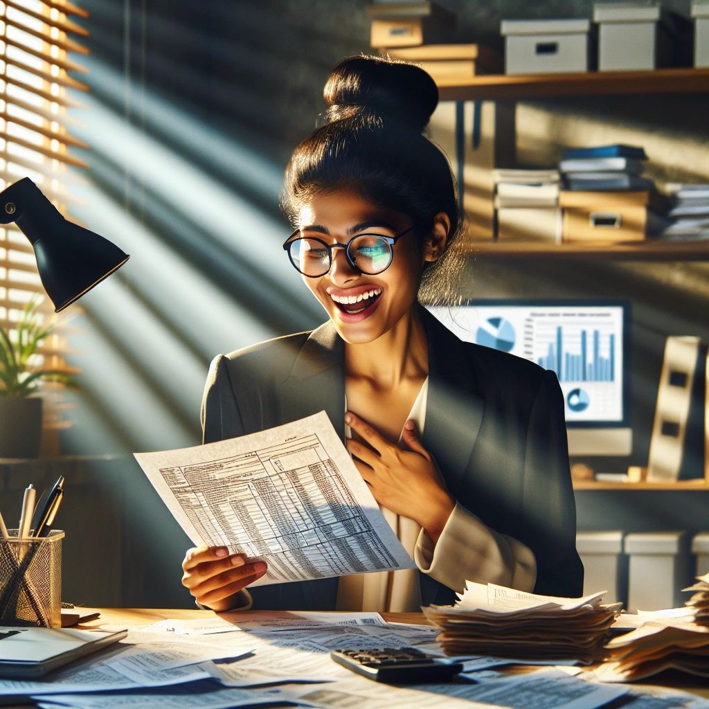 A woman, dressed in business attire, sits at a cluttered desk illuminated by sunlight streaming through window blinds. She looks excited and delighted while holding a financial document. In the background, a computer screen displays various charts and graphs, and shelves filled with office supplies and files add to the professional atmosphere. The scene suggests she is happy due to significant savings from business tax deductions.
