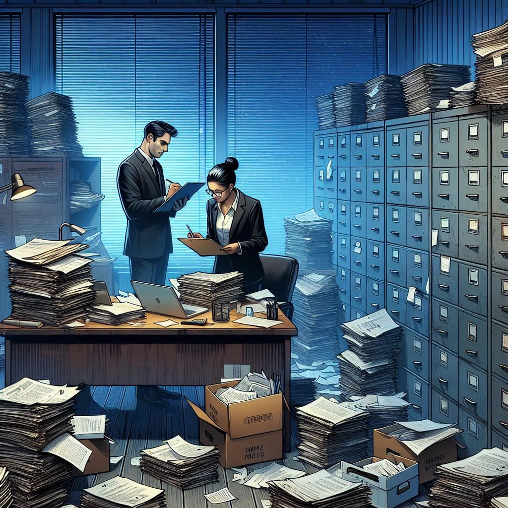 Male and female business people standing in front of computer desk in messy office surrounded by huge stacks of financial files and filing cabinets.