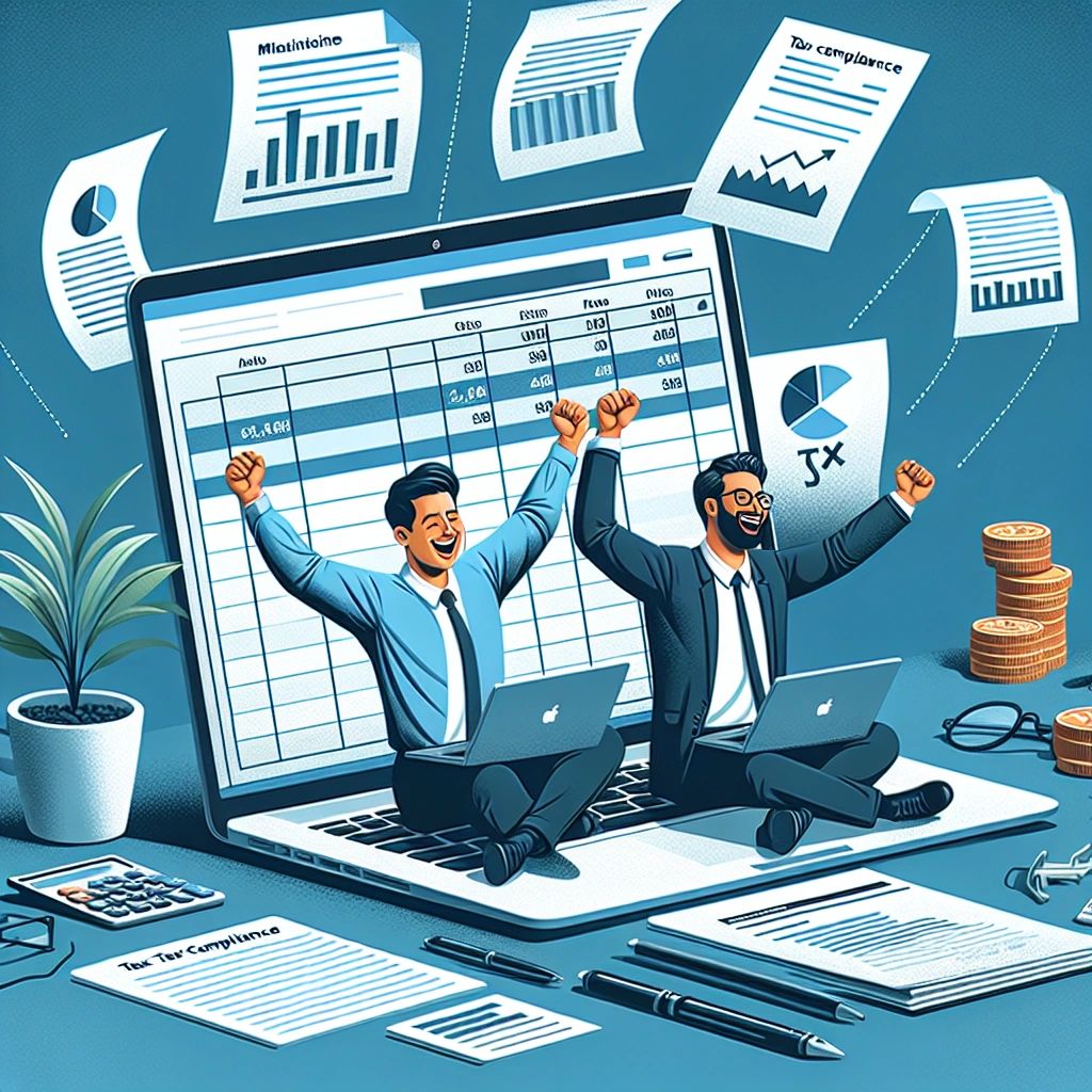 Cartoon of jubilant businessmen with arms in the air sitting cross-legged on supersized laptop keyboard displaying a spreadsheet. Each of them have a laptop in their laps. Giant bookkeeping paper charts float in air and giant gold coins sit to the side.
