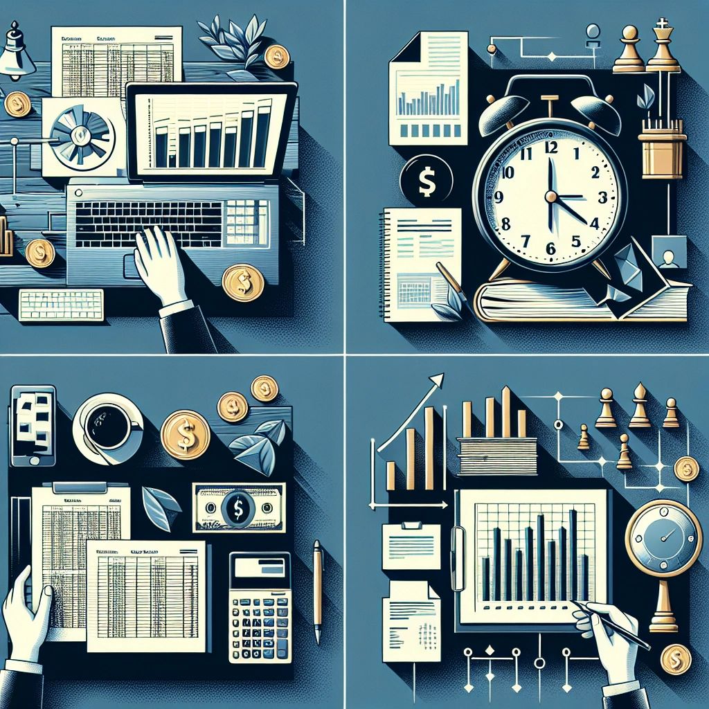 Square cartoon image divided into 4 quadrants, each referencing various bookkeeping aspects.